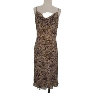 Michelle Antonelli Silk Cheetah Sequin Slip Dress Sz 10 Brown Tan Cowl Neck